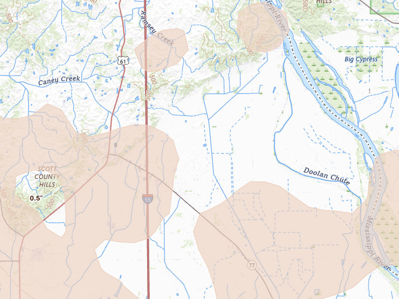 Radar-estimated hail-size map of the storm over Benton, MO on Aug 19, 2026