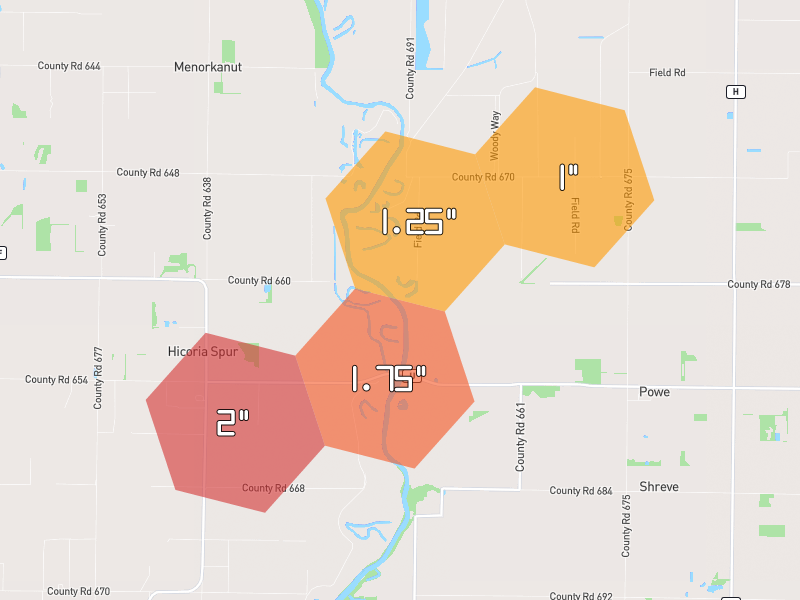 Hail map of Bernie, MO on Jul 4, 2026, hail up to 2"