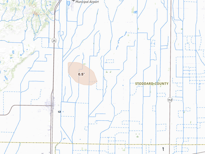 Radar-estimated hail-size map of the storm over Bernie, MO on Jul 18, 2026