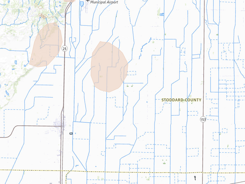 Radar-estimated hail-size map of the storm over Bernie, MO on Aug 19, 2026