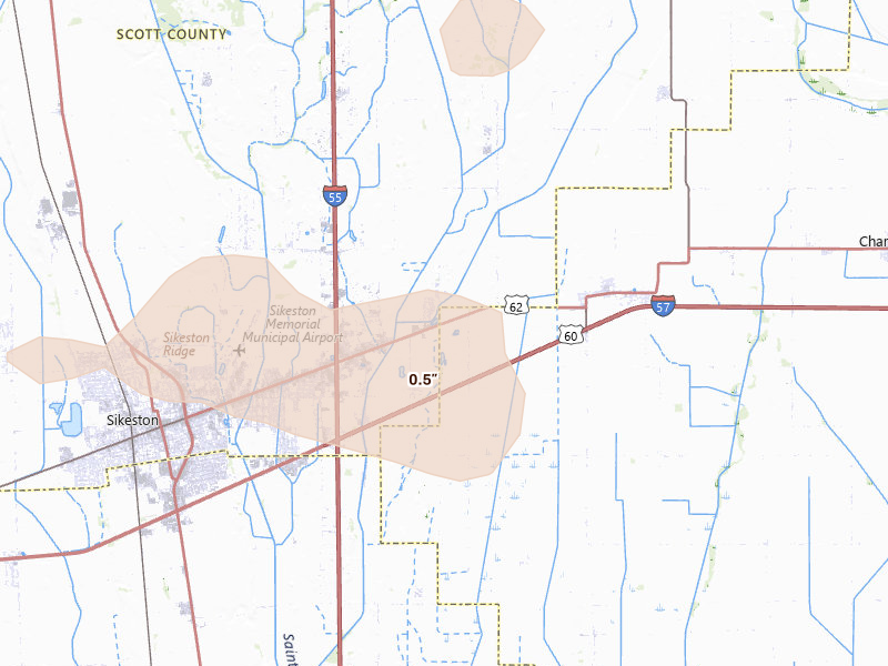 Radar-estimated hail-size map of the storm over Bertrand, MO on Apr 16, 2026