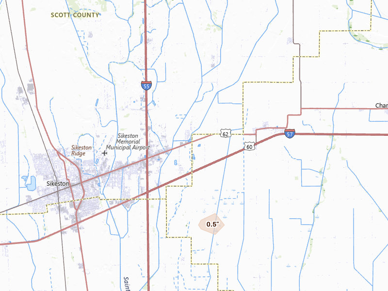 Radar-estimated hail-size map of the storm over Bertrand, MO on Jul 8, 2026