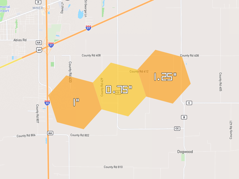 Hail map of Bertrand, MO on Jul 8, 2026, hail up to 1.25"