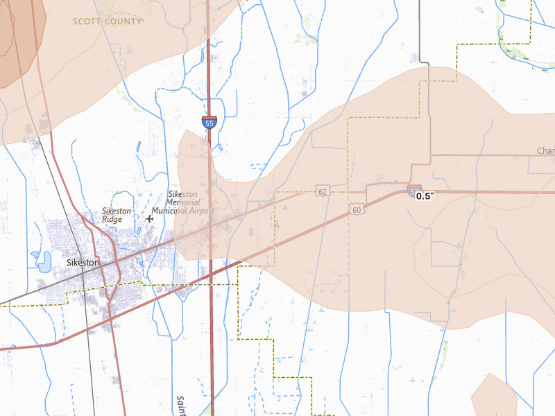 Radar-estimated hail-size map of the storm over Bertrand, MO on Aug 19, 2026