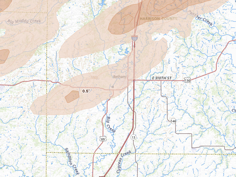 Radar-estimated hail-size map of the storm over Bethany, MO on Apr 17, 2026
