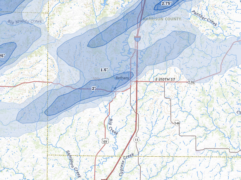 NEXRAD radar-signature map of the hail over Bethany, MO