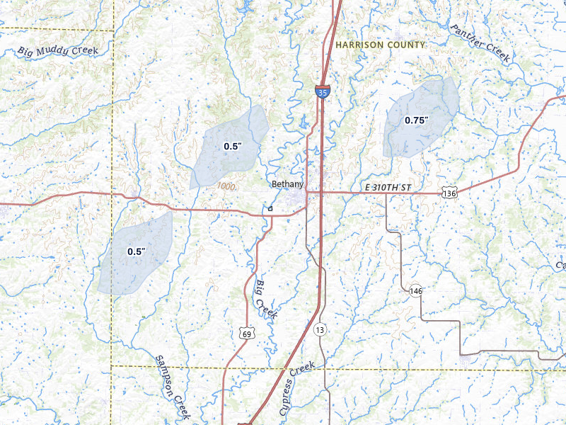 NEXRAD radar-signature map of the hail over Bethany, MO