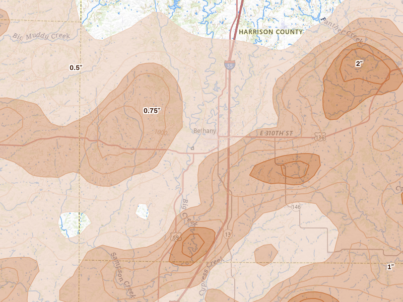 Radar-estimated hail-size map of the storm over Bethany, MO on May 16, 2026