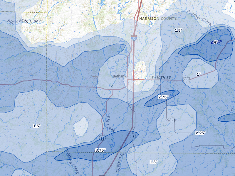 NEXRAD radar-signature map of the hail storm over Bethany, MO on May 16, 2026