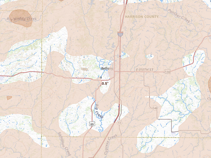 Radar-estimated hail-size map of the storm over Bethany, MO on Jun 10, 2026