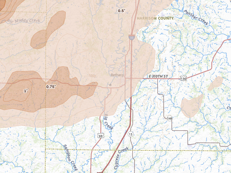 Radar-estimated hail-size map of the storm over Bethany, MO on Jun 11, 2026