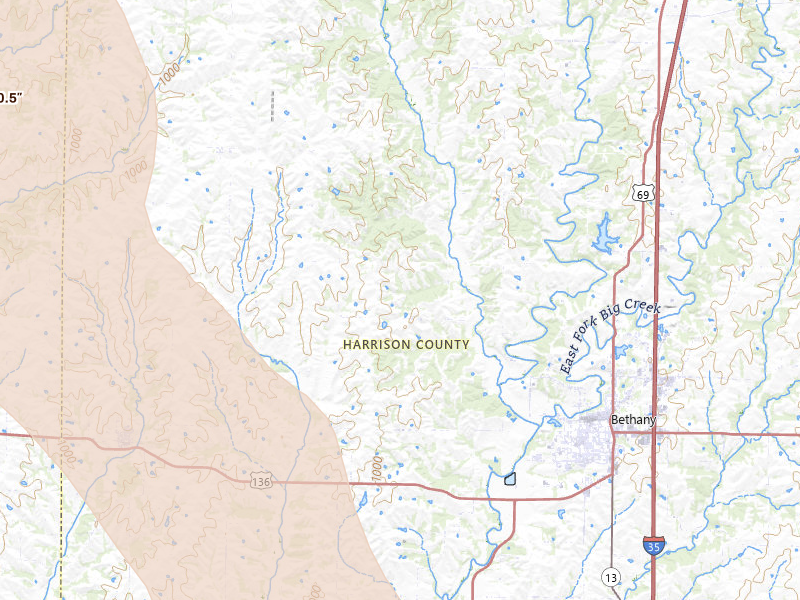 Radar-estimated hail-size map of the storm over Bethany, MO on Jul 20, 2026