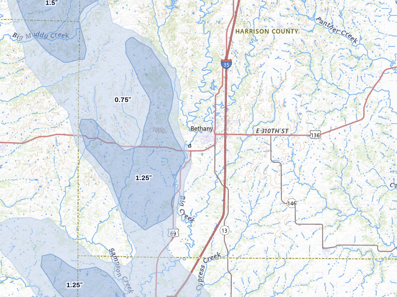 NEXRAD radar-signature map of the hail storm over Bethany, MO on Jul 20, 2026