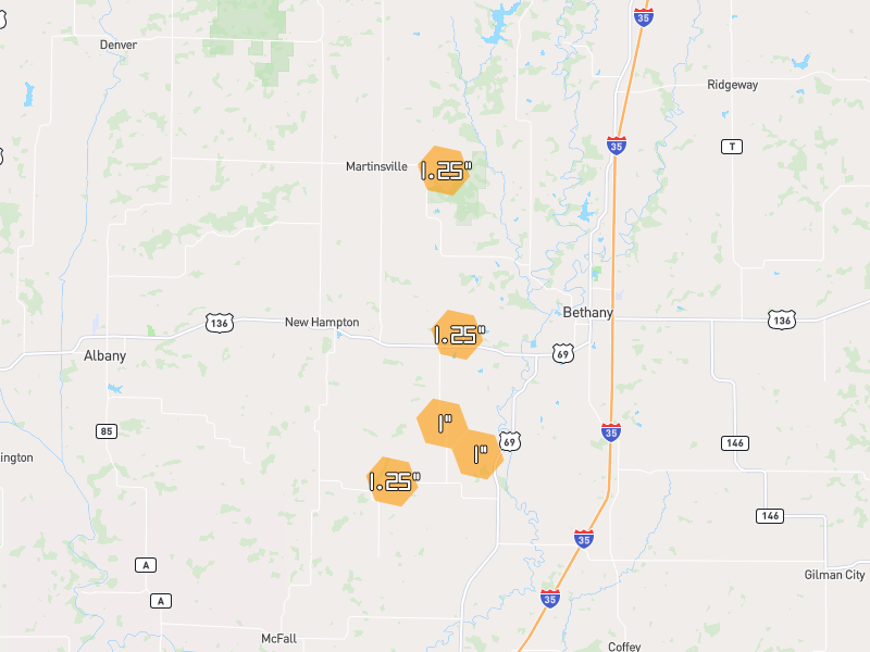 Hail map of Bethany, MO on Jul 21, 2026, hail up to 1.25"