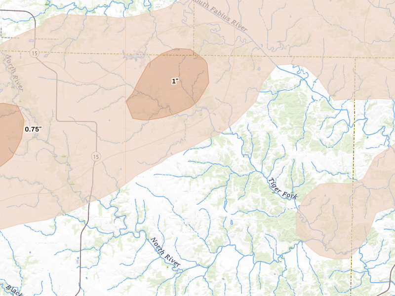 Radar-estimated hail-size map of the storm over Bethel, MO on Mar 10, 2026