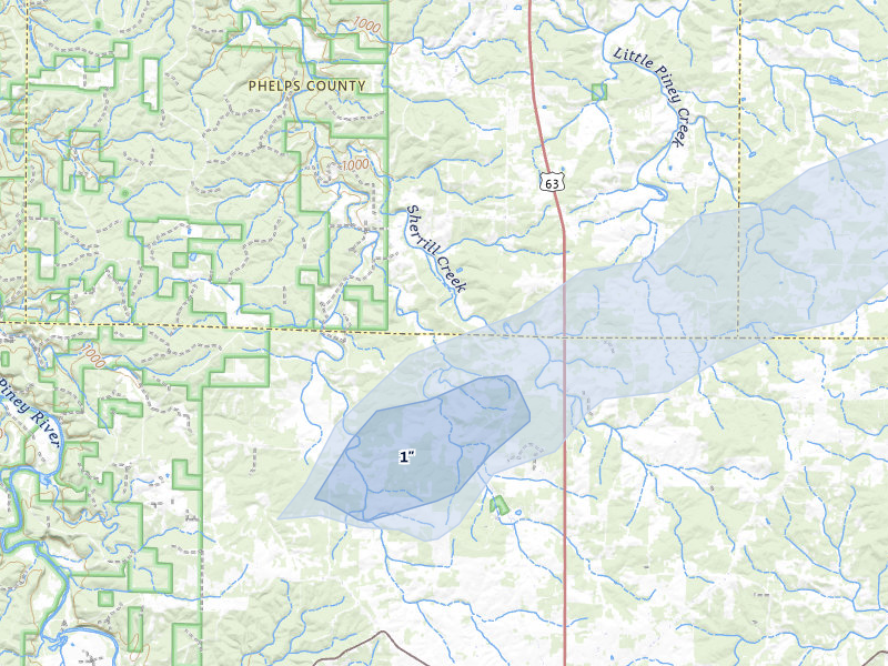 NEXRAD radar-signature map of the hail storm over Beulah, MO on Apr 28, 2026