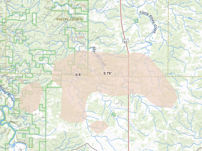 Radar-estimated hail-size map of the storm over Beulah, MO on Jul 31, 2026