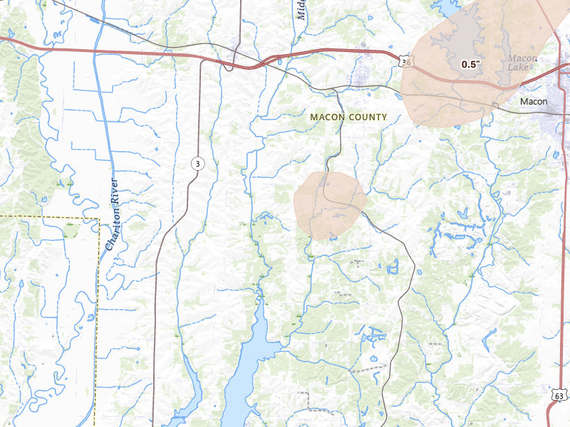 Radar-estimated hail-size map of the storm over Bevier, MO on Apr 17, 2026