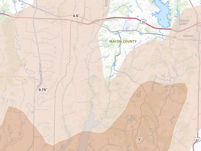 Radar-estimated hail-size map of the storm over Bevier, MO on Apr 26, 2026