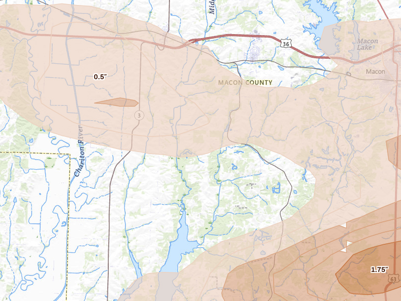 Radar-estimated hail-size map of the storm over Bevier, MO on May 4, 2026