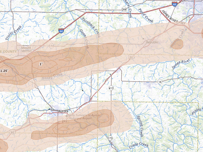 Radar-estimated hail-size map of the storm over Billings, MO on Apr 27, 2026