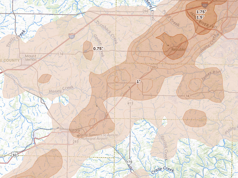 Radar-estimated hail-size map of the storm over Billings, MO on Apr 28, 2026