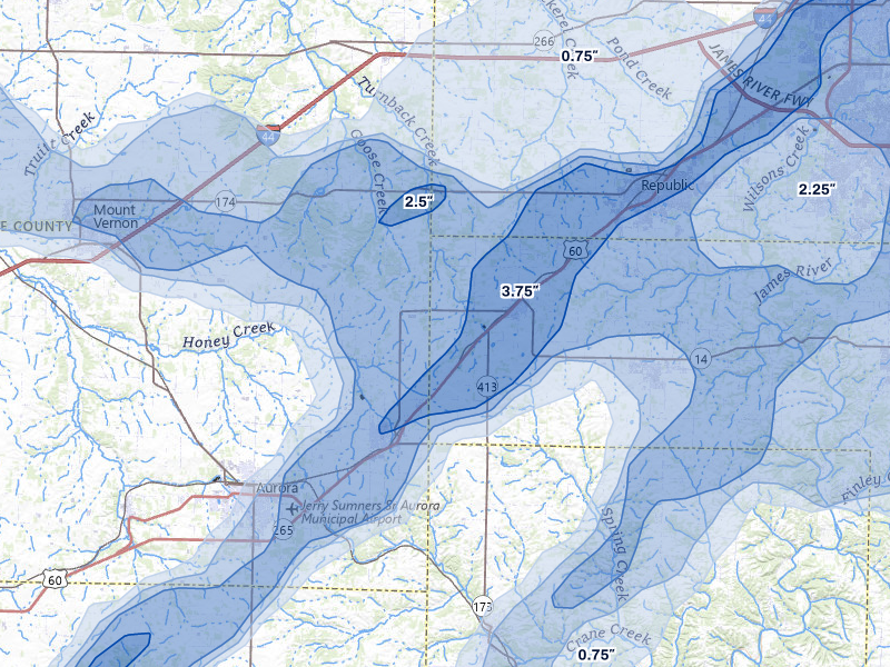 NEXRAD radar-signature map of the hail storm over Billings, MO on Apr 28, 2026