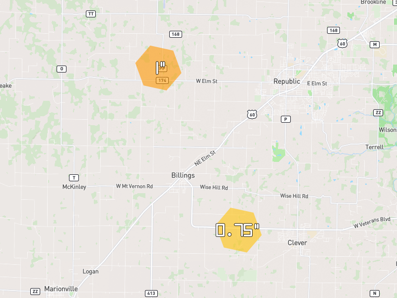Hail map of Billings, MO on Jul 11, 2026, hail up to 1"