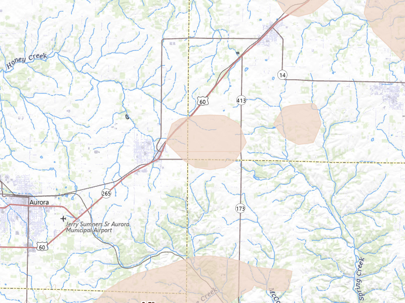 Radar-estimated hail-size map of the storm over Billings, MO on Aug 6, 2026
