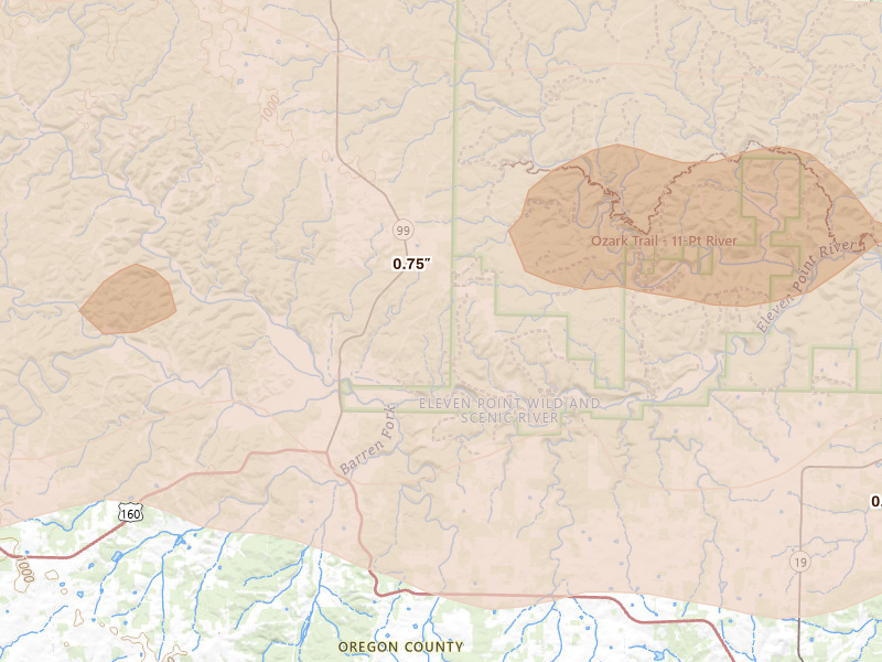 Radar-estimated hail-size map of the storm over Birch Tree, MO on Apr 27, 2026