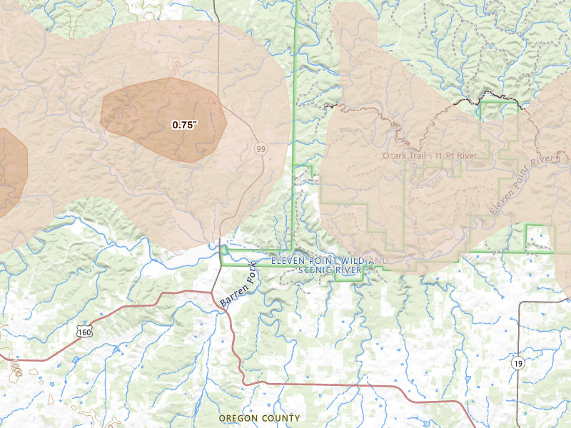 Radar-estimated hail-size map of the storm over Birch Tree, MO on Apr 28, 2026
