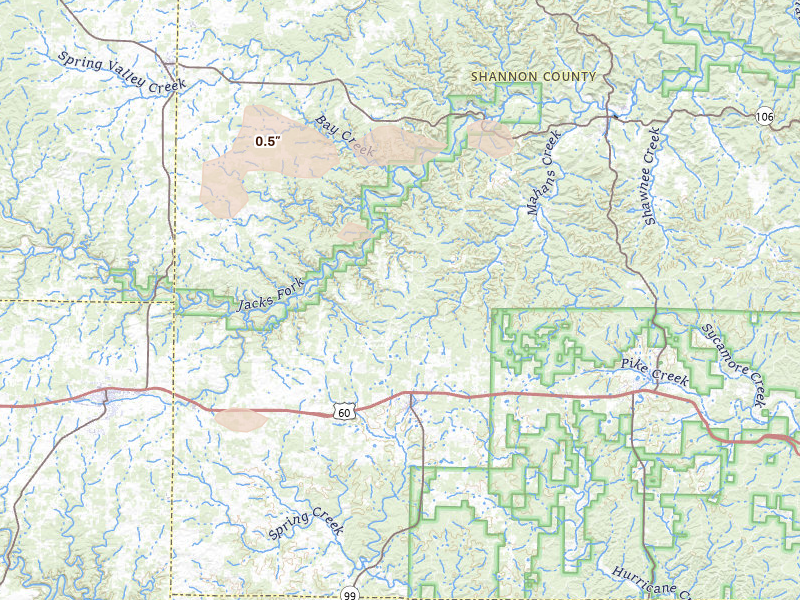 Radar-estimated hail-size map of the storm over Birch Tree, MO on Jul 31, 2026