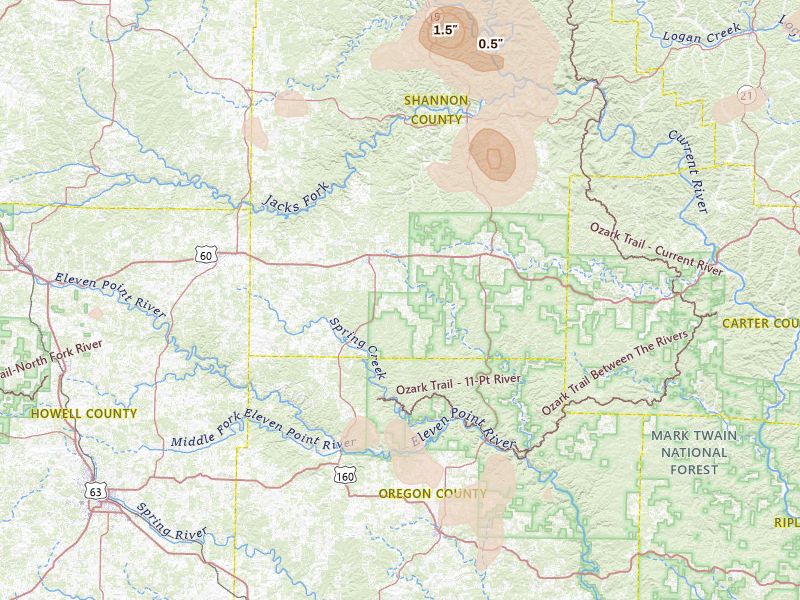 Radar-estimated hail-size map of the storm over Birch Tree, MO on Aug 7, 2026