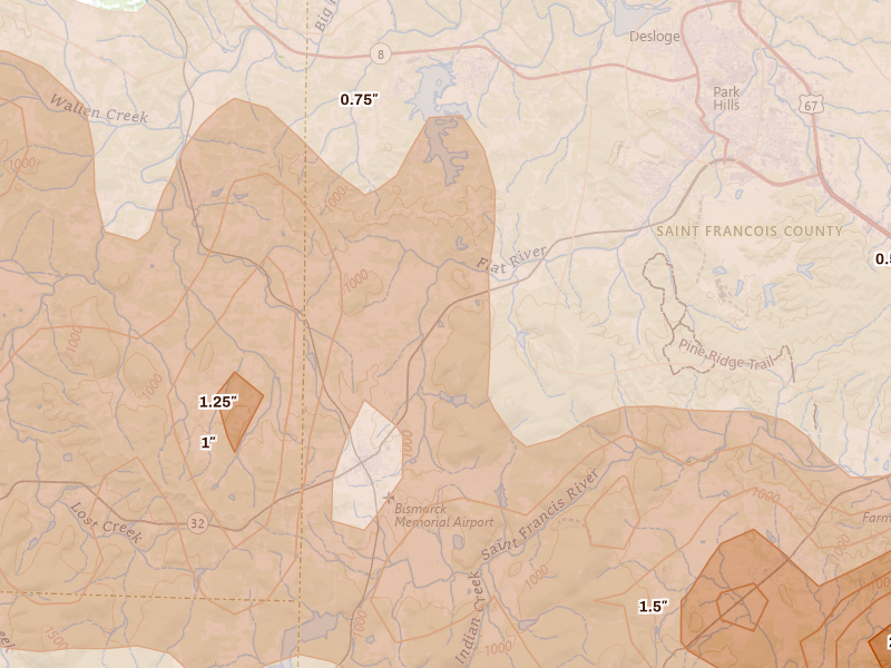 Radar-estimated hail-size map of the storm over Bismarck, MO on Apr 26, 2026