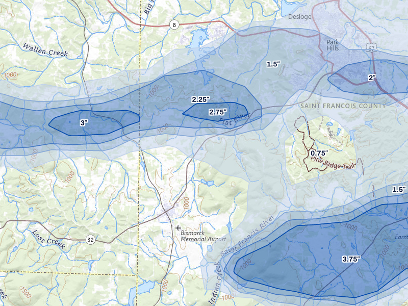 NEXRAD radar-signature map of the hail storm over Bismarck, MO on Apr 26, 2026