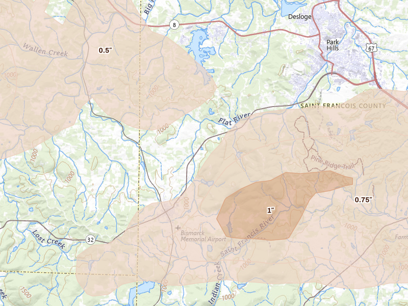 Radar-estimated hail-size map of the storm over Bismarck, MO on Apr 27, 2026