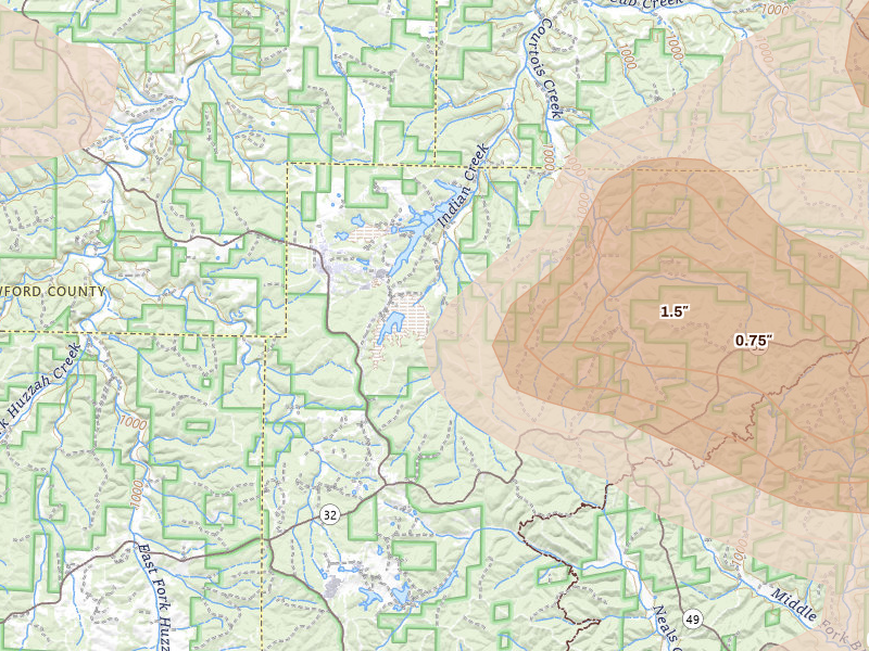 Radar-estimated hail-size map of the storm over Bixby, MO on May 31, 2026