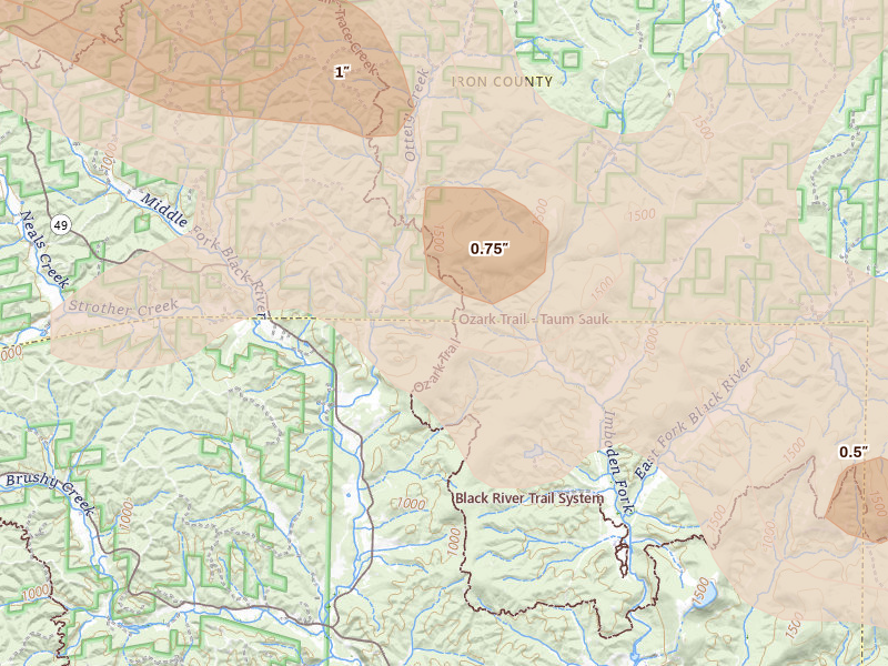 Radar-estimated hail-size map of the storm over Black, MO on May 31, 2026