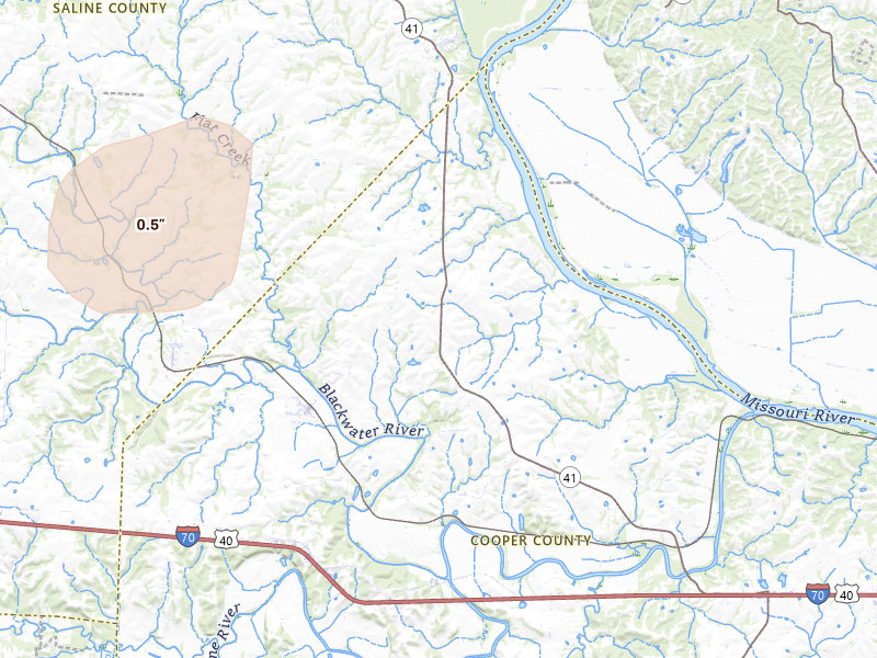 Radar-estimated hail-size map of the storm over Blackwater, MO on May 16, 2026