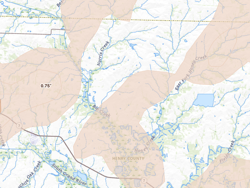 Radar-estimated hail-size map of the storm over Blairstown, MO on Apr 26, 2026