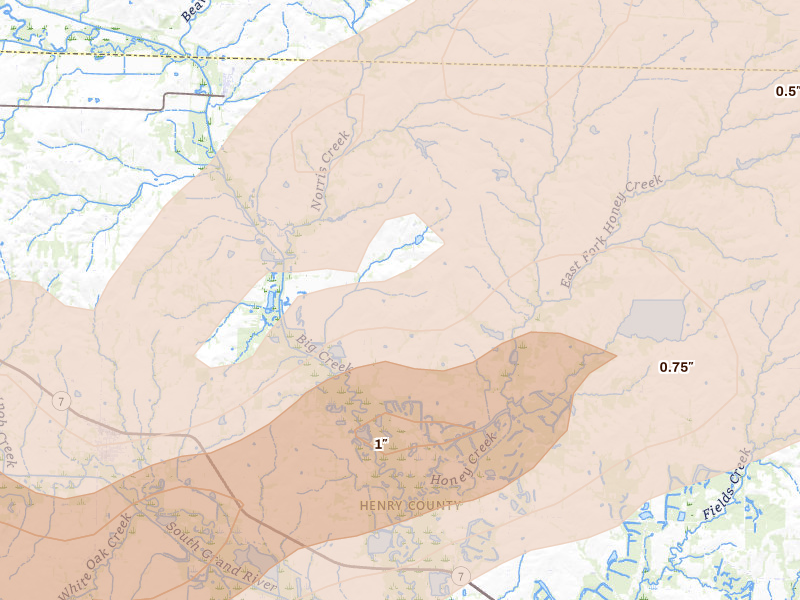 Radar-estimated hail-size map of the storm over Blairstown, MO on Apr 27, 2026