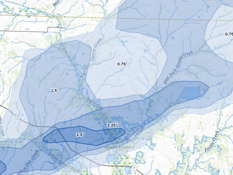 NEXRAD radar-signature map of the hail over Blairstown, MO