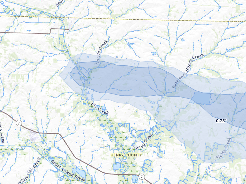 NEXRAD radar-signature map of the hail storm over Blairstown, MO on May 8, 2026