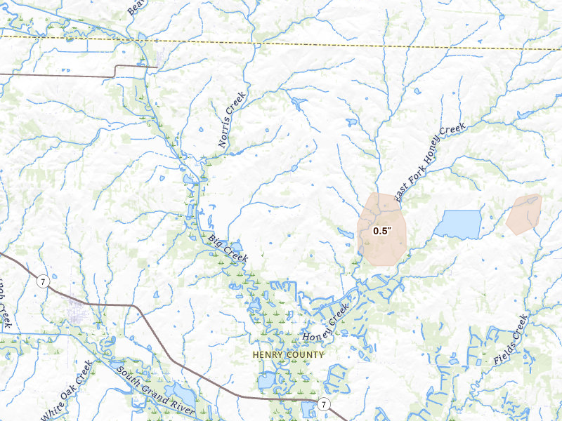Radar-estimated hail-size map of the storm over Blairstown, MO on May 30, 2026
