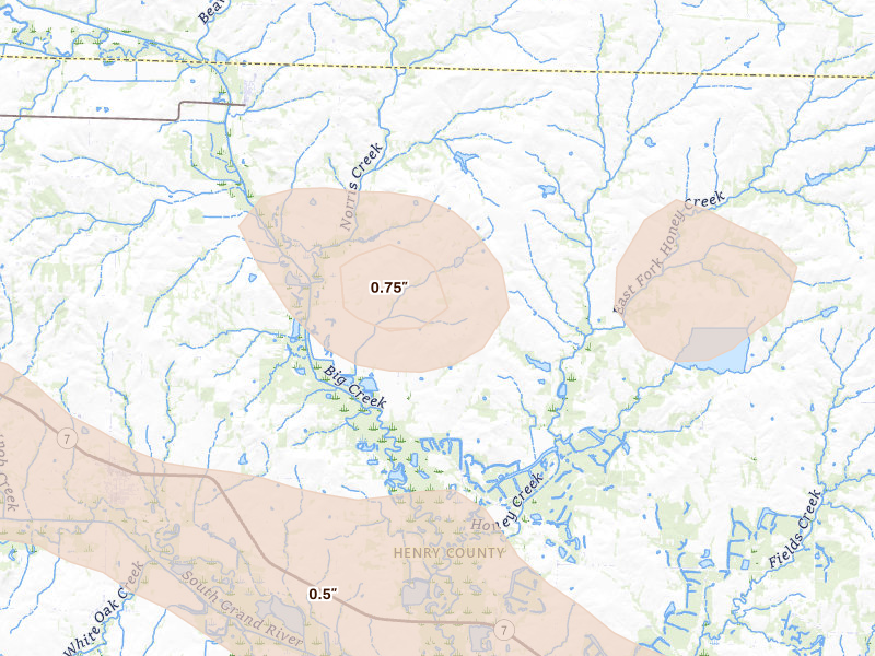 Radar-estimated hail-size map of the storm over Blairstown, MO on Jun 17, 2026