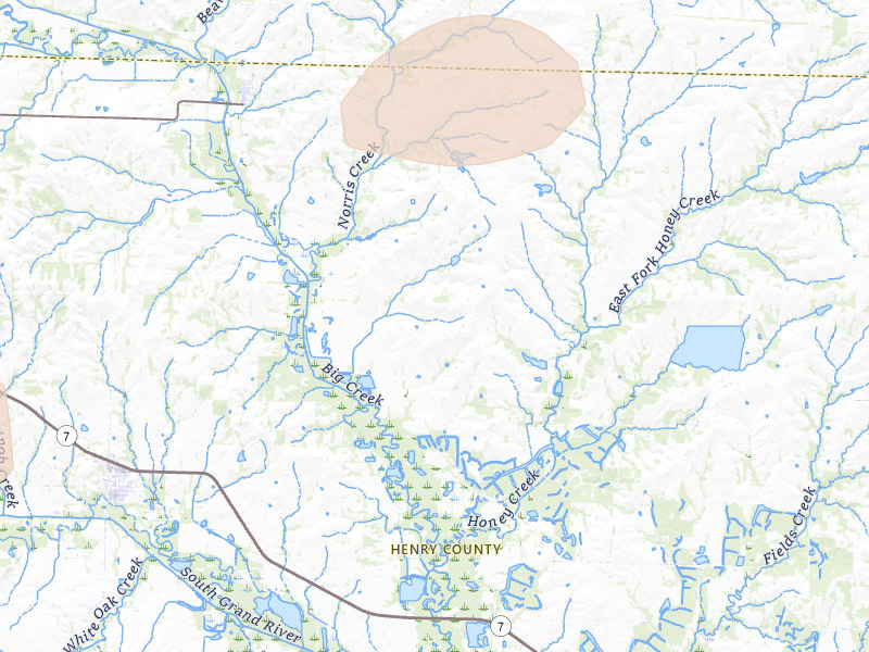 Radar-estimated hail-size map of the storm over Blairstown, MO on Jul 8, 2026