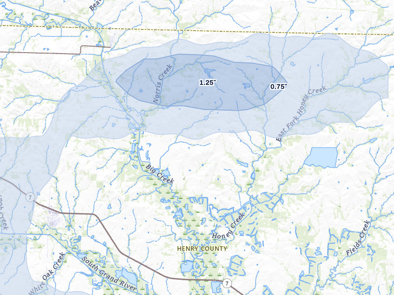 NEXRAD radar-signature map of the hail storm over Blairstown, MO on Jul 8, 2026