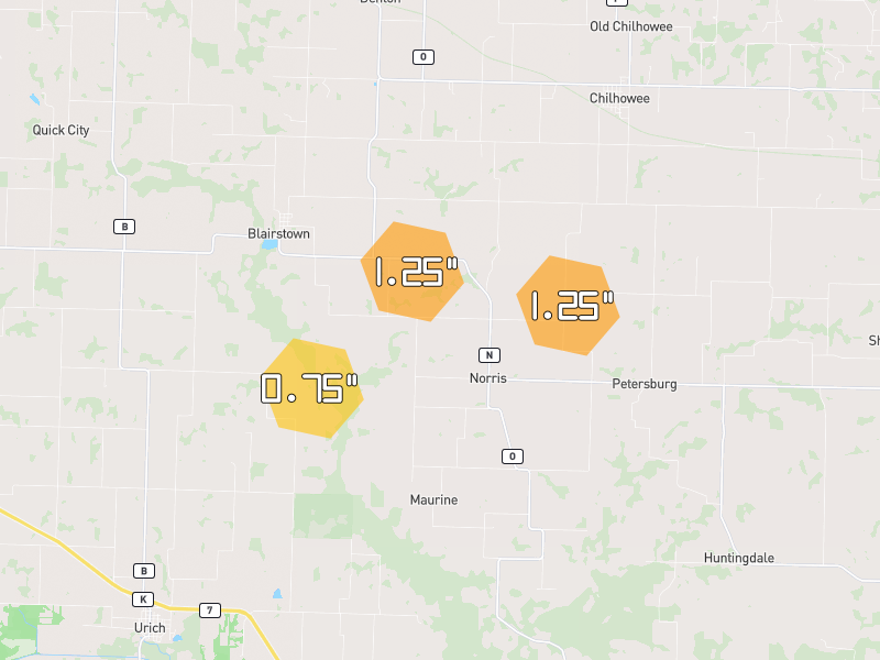 Hail map of Blairstown, MO on Jul 9, 2026, hail up to 1.25"