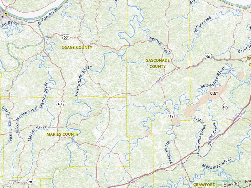 Radar-estimated hail-size map of the storm over Bland, MO