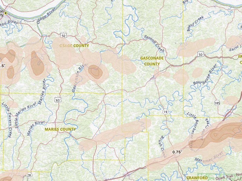 Radar-estimated hail-size map of the storm over Bland, MO on Apr 27, 2026